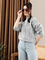 KOTTY Self Design High Neck Casual Women Grey Sweater 