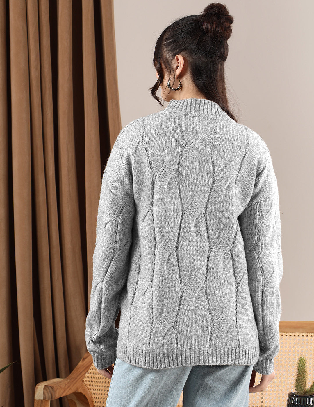 KOTTY Self Design High Neck Casual Women Grey Sweater 
