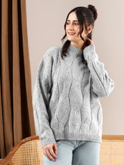 KOTTY Self Design High Neck Casual Women Grey Sweater 