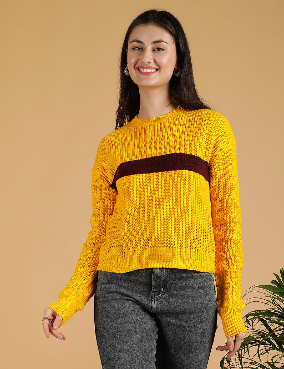 KOTTY Colorblock Round Neck Casual Women Brown Sweater 