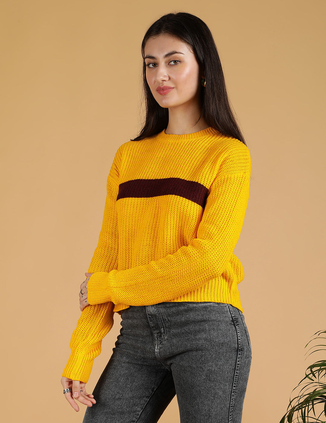 KOTTY Colorblock Round Neck Casual Women Brown Sweater 