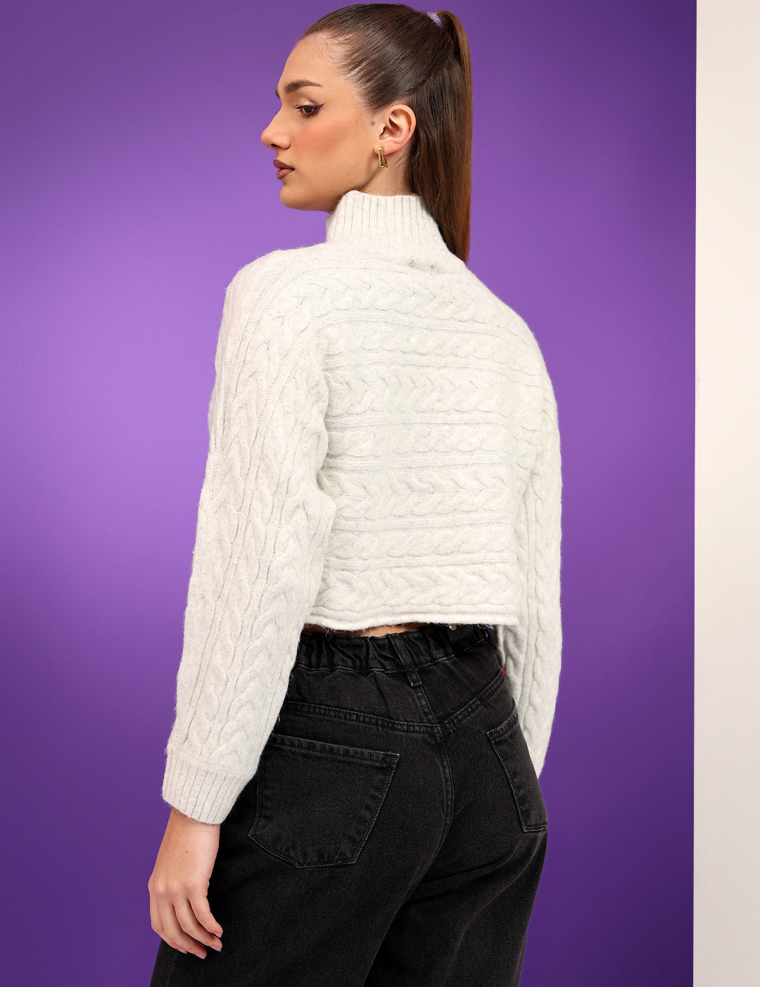 KOTTY Solid High Neck Casual Women White Sweater 