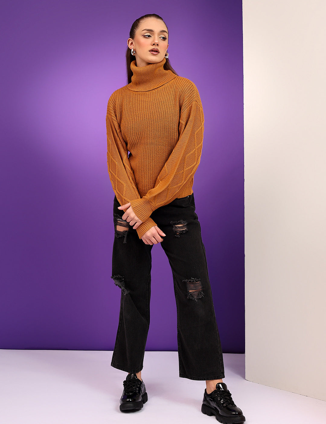 KOTTY Solid High Neck Casual Women Brown Sweater 
