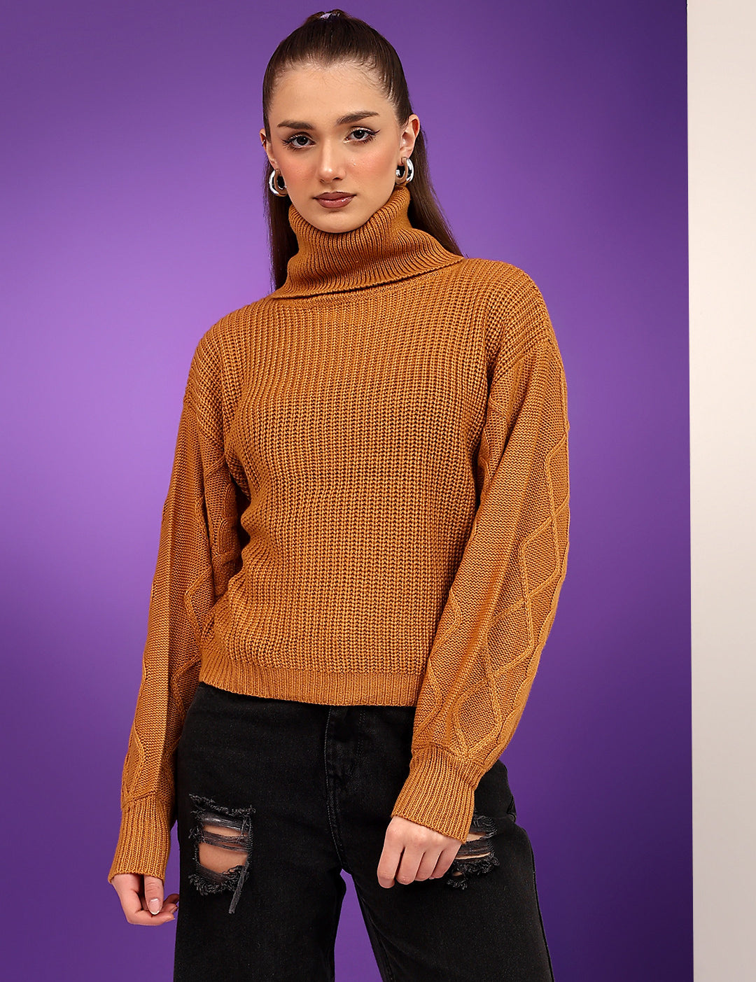 KOTTY Solid High Neck Casual Women Brown Sweater 