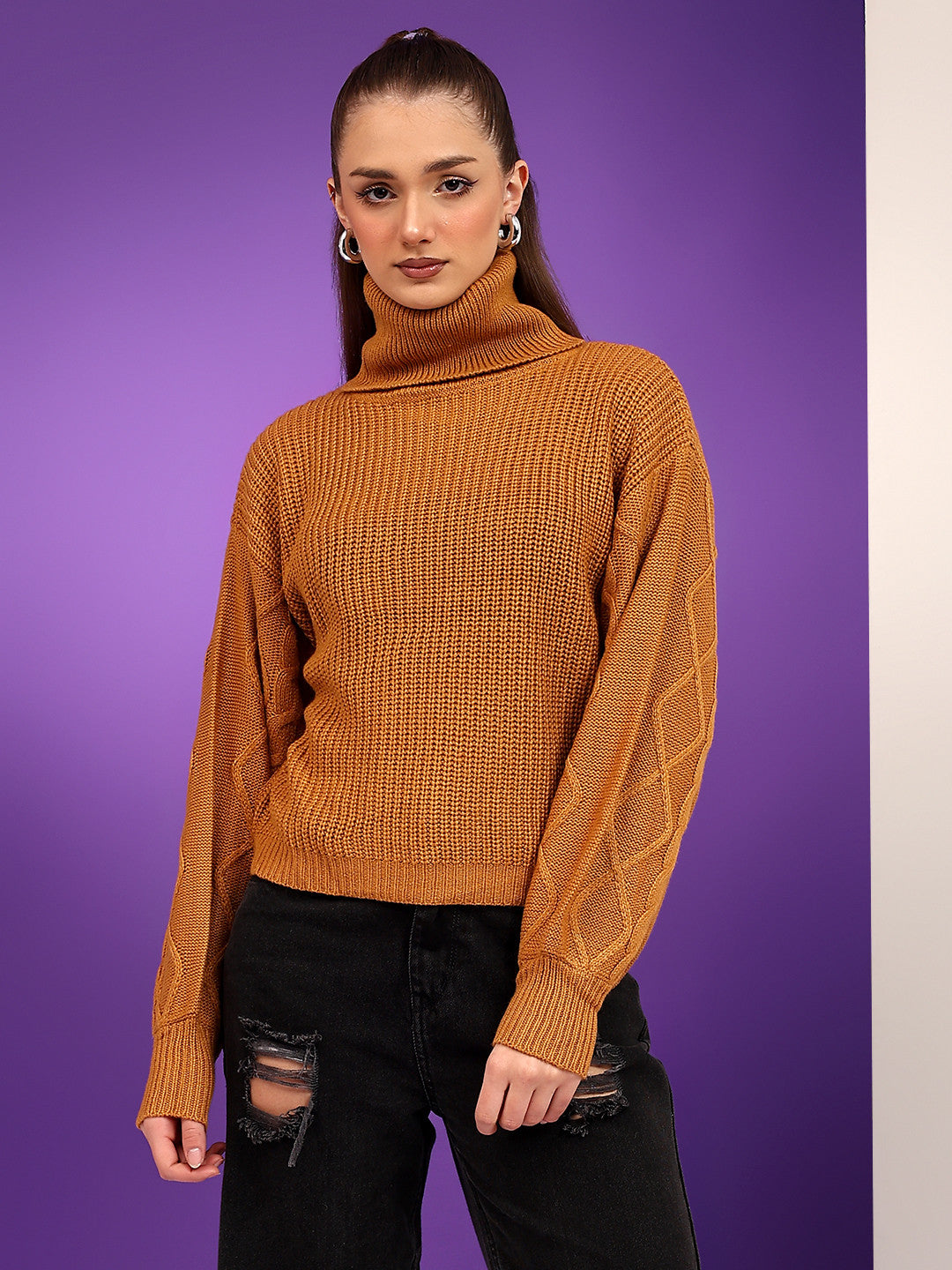 KOTTY Solid High Neck Casual Women Brown Sweater 