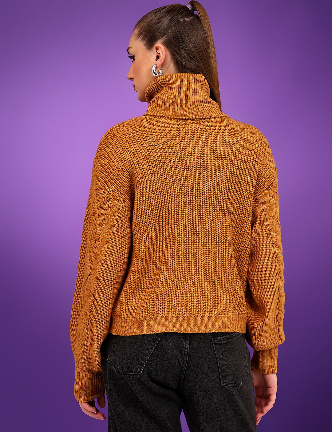 KOTTY Solid High Neck Casual Women Brown Sweater 