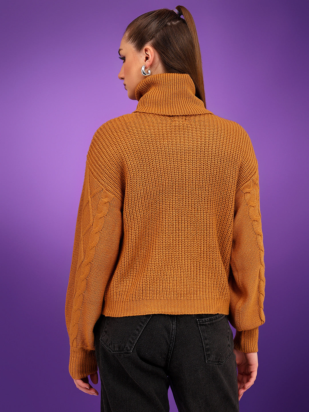 KOTTY Solid High Neck Casual Women Brown Sweater 