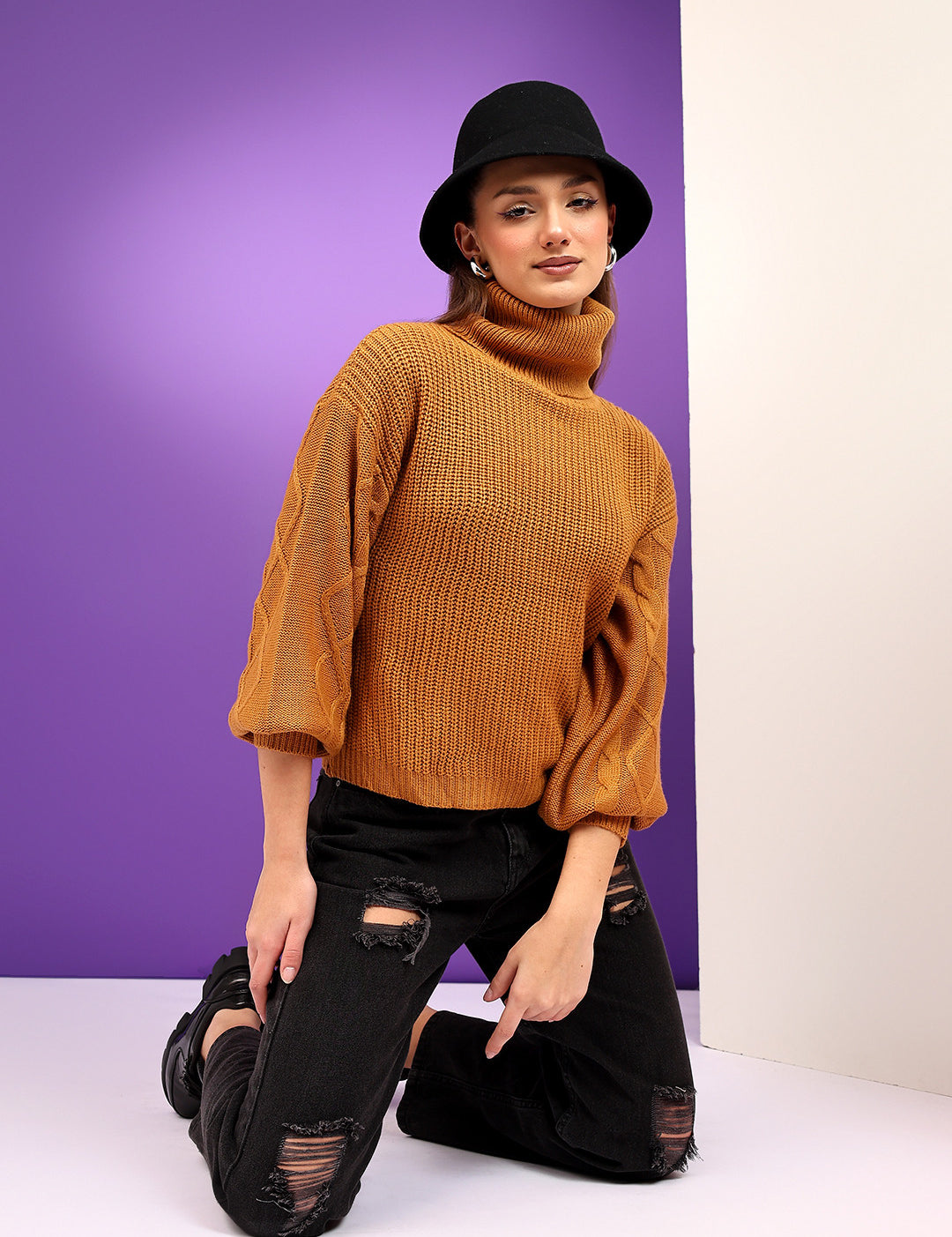 KOTTY Solid High Neck Casual Women Brown Sweater 