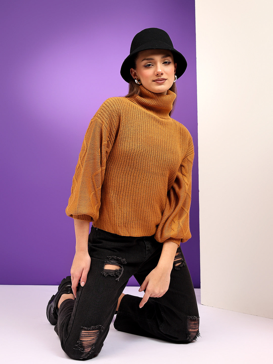 KOTTY Solid High Neck Casual Women Brown Sweater 