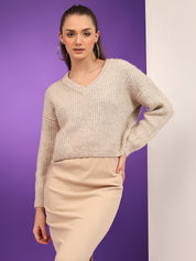 KOTTY Striped V Neck Casual Women Beige Sweater 