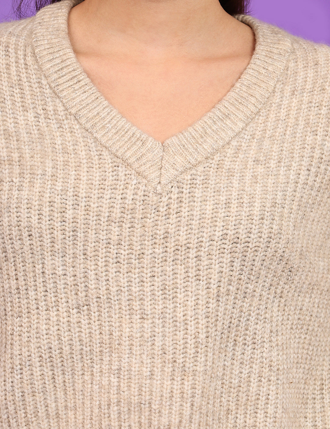 KOTTY Striped V Neck Casual Women Beige Sweater 