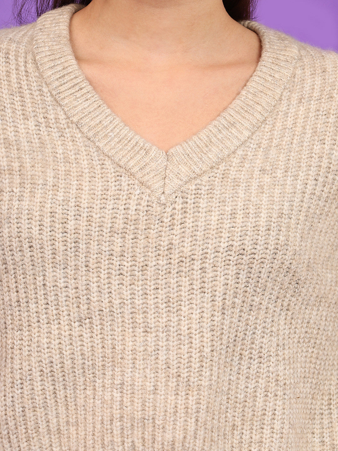KOTTY Striped V Neck Casual Women Beige Sweater 