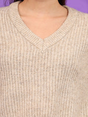 KOTTY Striped V Neck Casual Women Beige Sweater 