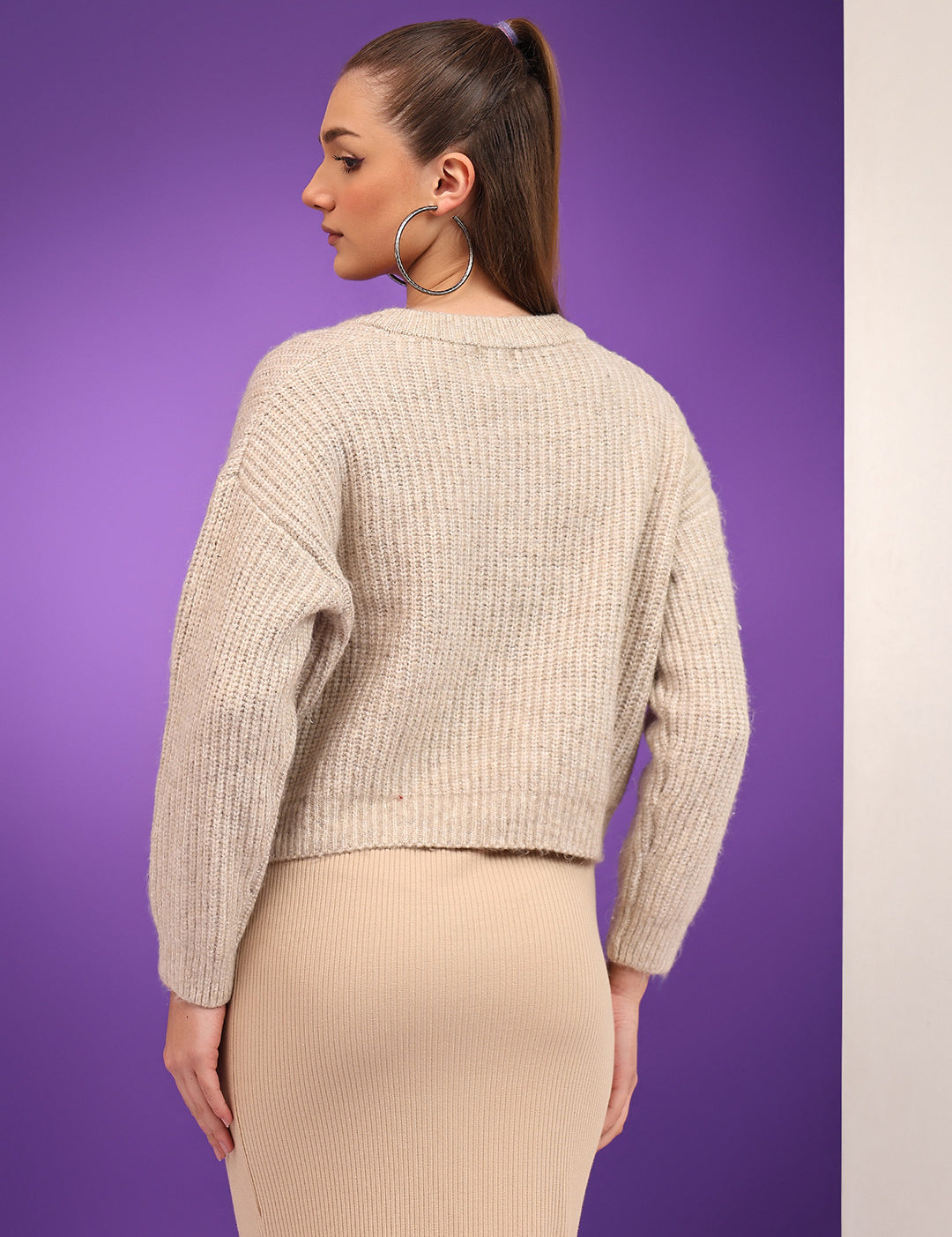 KOTTY Striped V Neck Casual Women Beige Sweater 