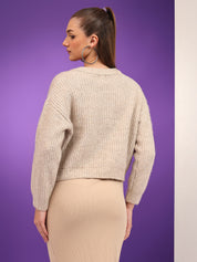 KOTTY Striped V Neck Casual Women Beige Sweater 