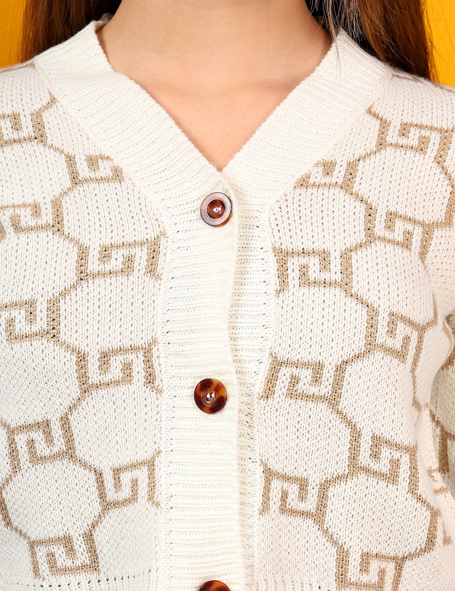 KOTTY Printed V Neck Casual Women White Sweater 