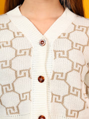 KOTTY Printed V Neck Casual Women White Sweater 