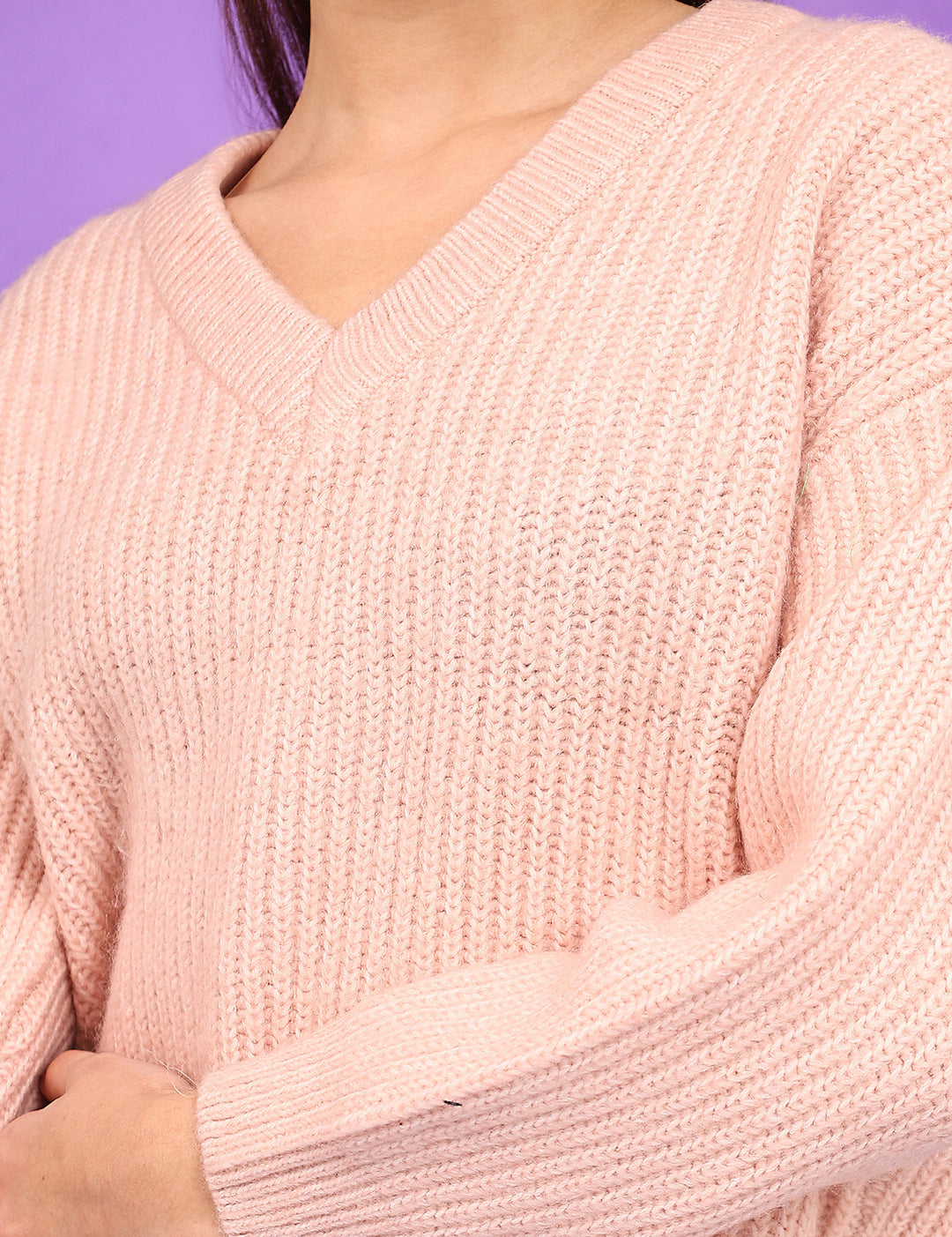 KOTTY Solid V Neck Casual Women Pink Sweater 