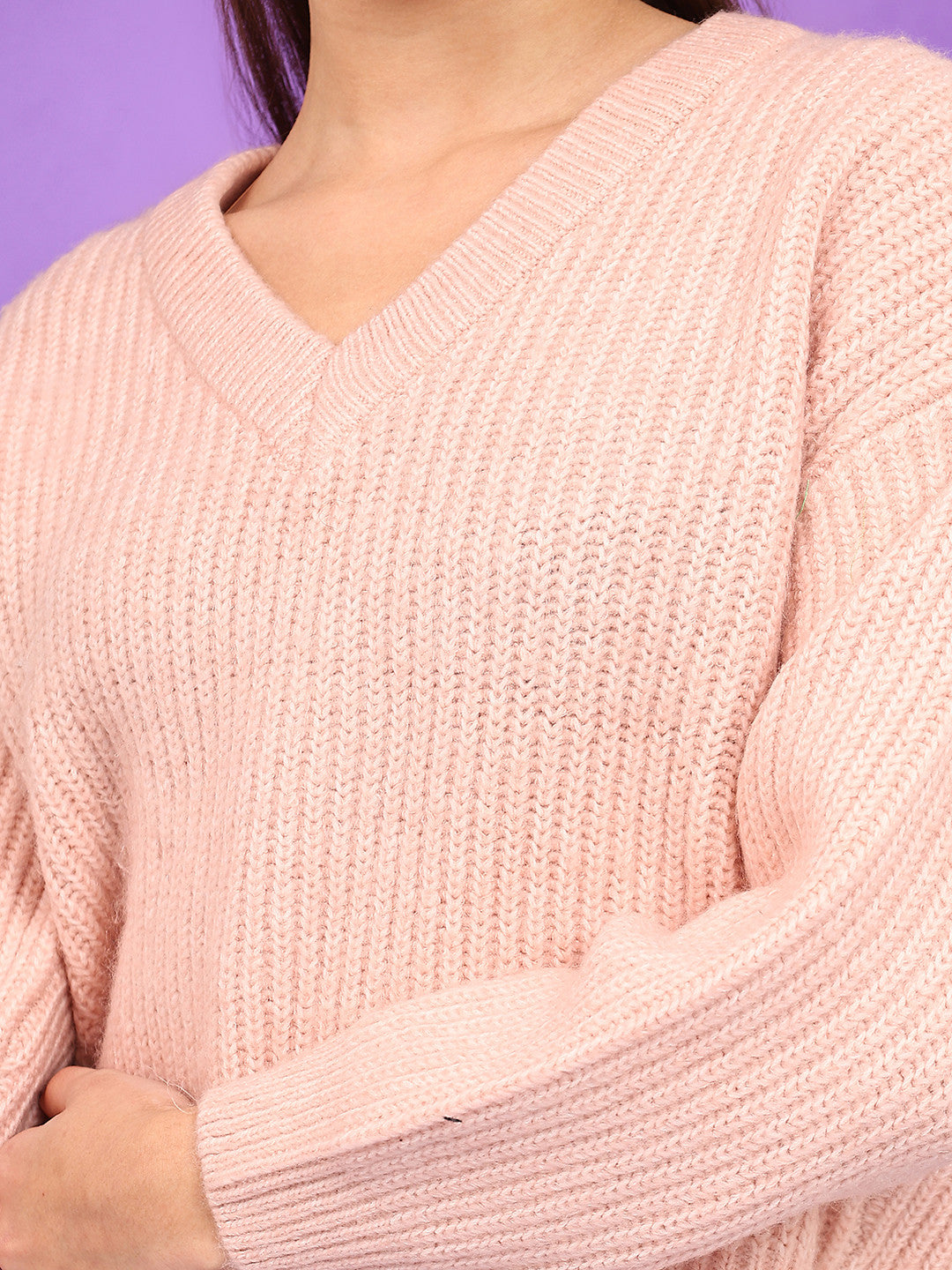 KOTTY Solid V Neck Casual Women Pink Sweater 