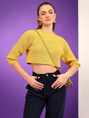 KOTTY Solid Round Neck Casual Women Yellow Sweater 