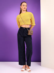KOTTY Solid Round Neck Casual Women Yellow Sweater 