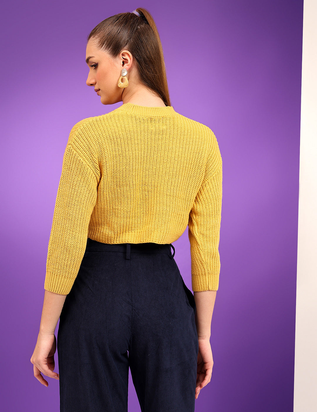 KOTTY Solid Round Neck Casual Women Yellow Sweater 