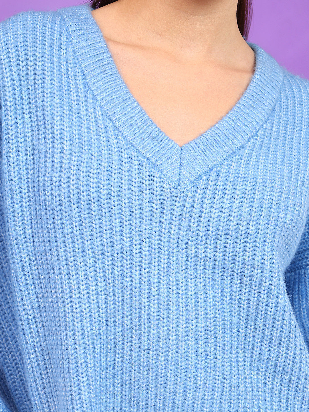 KOTTY Solid V Neck Casual Women Blue Sweater 