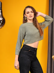 KOTTY Self Design Round Neck Casual Women Green Sweater 