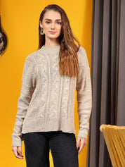 KOTTY Solid Round Neck Casual Women Beige Sweater 