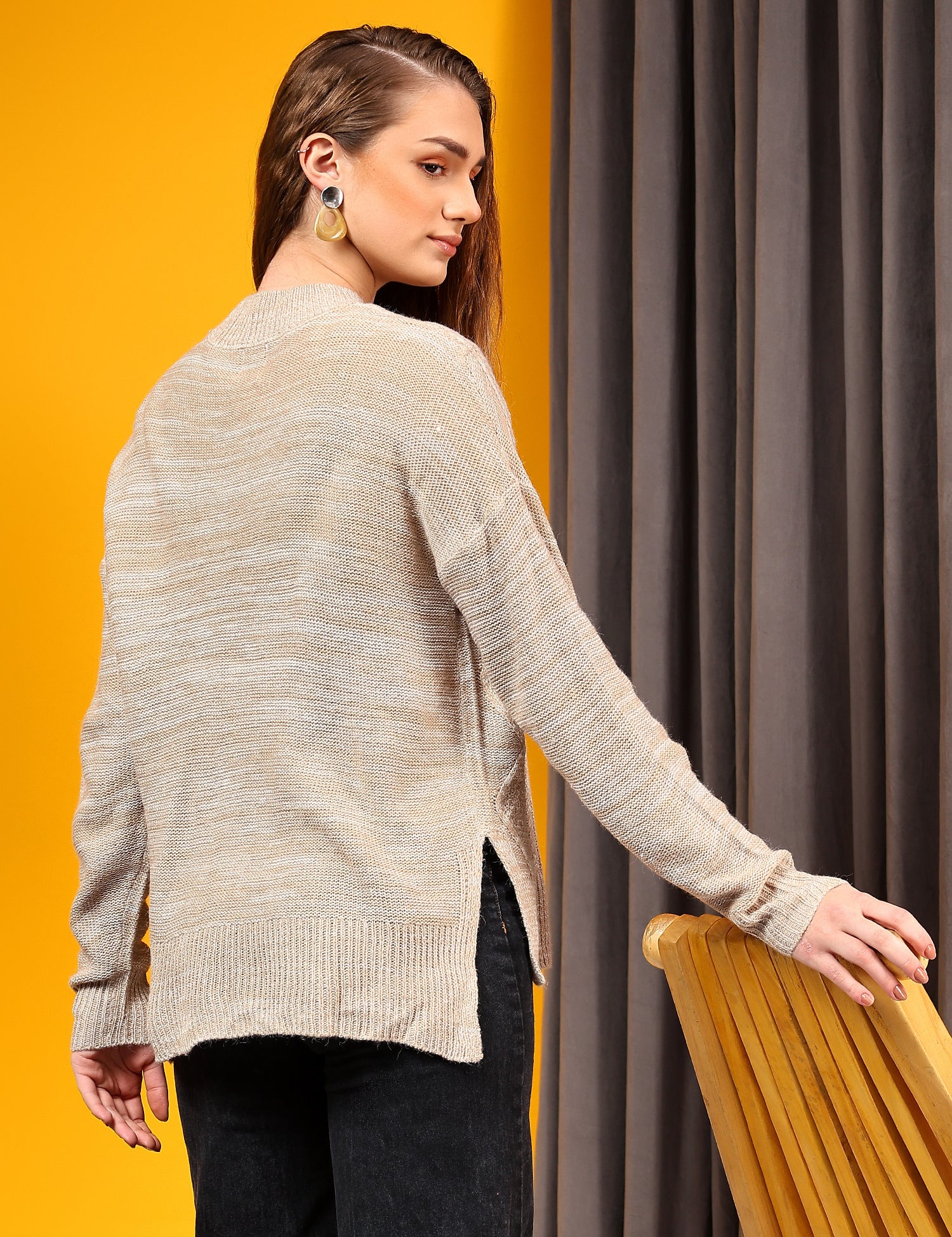 KOTTY Solid Round Neck Casual Women Beige Sweater 