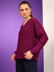 KOTTY Solid V Neck Casual Women Maroon Sweater 