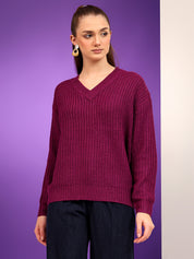 KOTTY Solid V Neck Casual Women Maroon Sweater 
