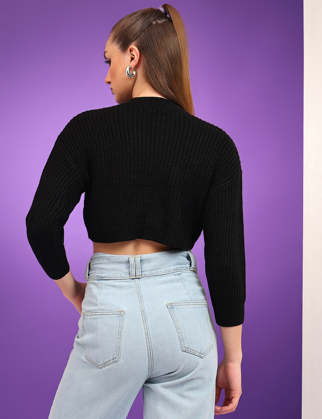 KOTTY Solid Round Neck Casual Women Black Sweater 