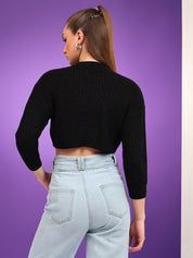 KOTTY Solid Round Neck Casual Women Black Sweater 