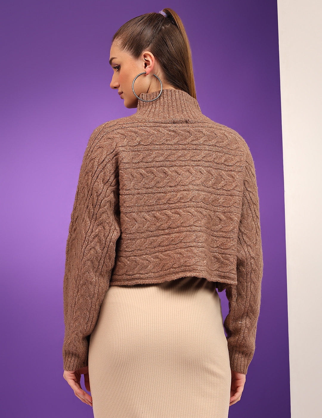 KOTTY Self Design High Neck Casual Women Brown Sweater 