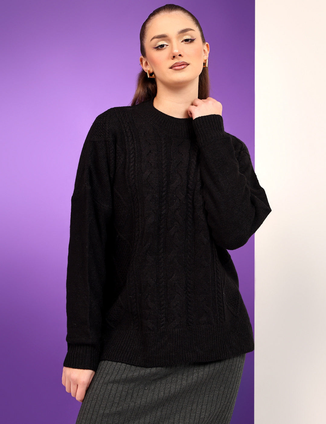 KOTTY Self Design Round Neck Casual Women Black Sweater 
