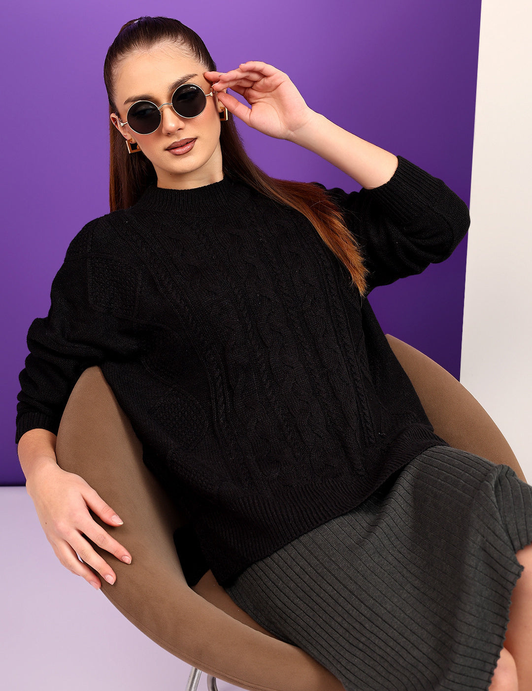 KOTTY Self Design Round Neck Casual Women Black Sweater 