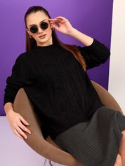 KOTTY Self Design Round Neck Casual Women Black Sweater 