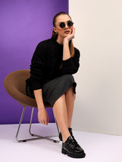 KOTTY Self Design Round Neck Casual Women Black Sweater 