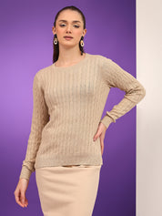 KOTTY Solid Round Neck Casual Women Beige Sweater 