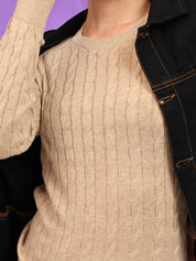 KOTTY Solid Round Neck Casual Women Beige Sweater 