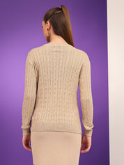 KOTTY Solid Round Neck Casual Women Beige Sweater 