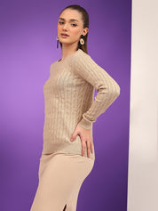 KOTTY Solid Round Neck Casual Women Beige Sweater 