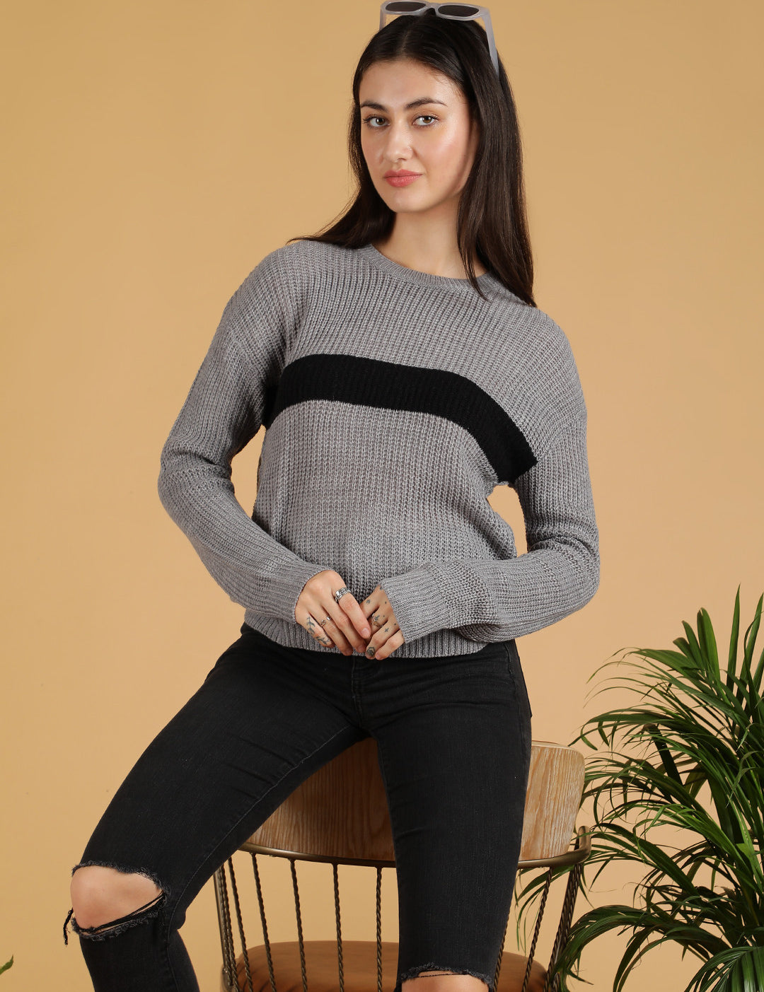 KOTTY Colorblock High Neck Casual Women Multicolor Sweater 