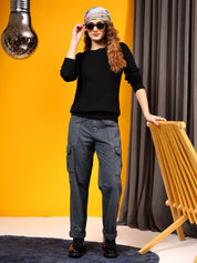 KOTTY Solid Round Neck Casual Women Black Sweater 