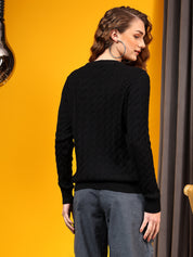 KOTTY Solid Round Neck Casual Women Black Sweater 
