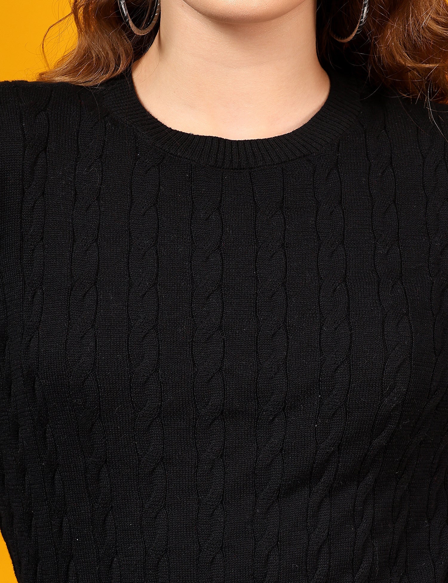 KOTTY Solid Round Neck Casual Women Black Sweater 