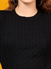 KOTTY Solid Round Neck Casual Women Black Sweater 