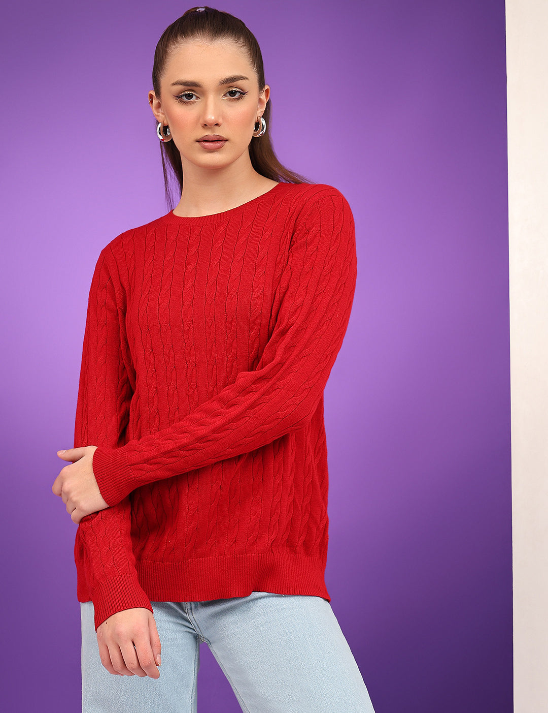 KOTTY Solid Round Neck Casual Women Red Sweater 