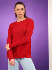 KOTTY Solid Round Neck Casual Women Red Sweater 